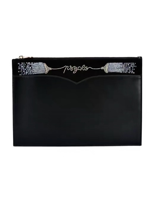 Auth Olympia Le-Tan Embroidered Psycho Leather Large Clutch Rare